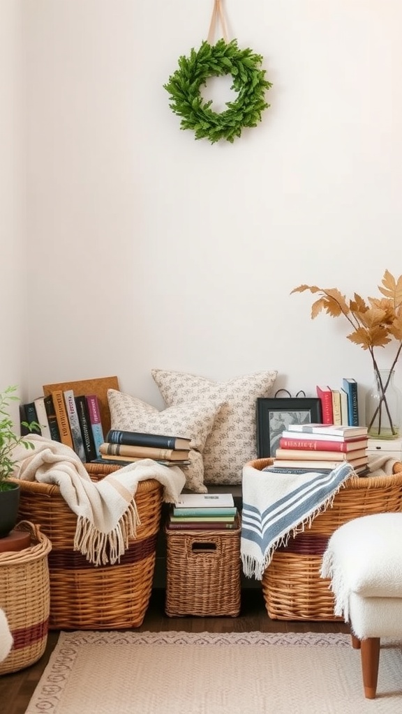 A cozy reading nook with decorative baskets filled with blankets and books.