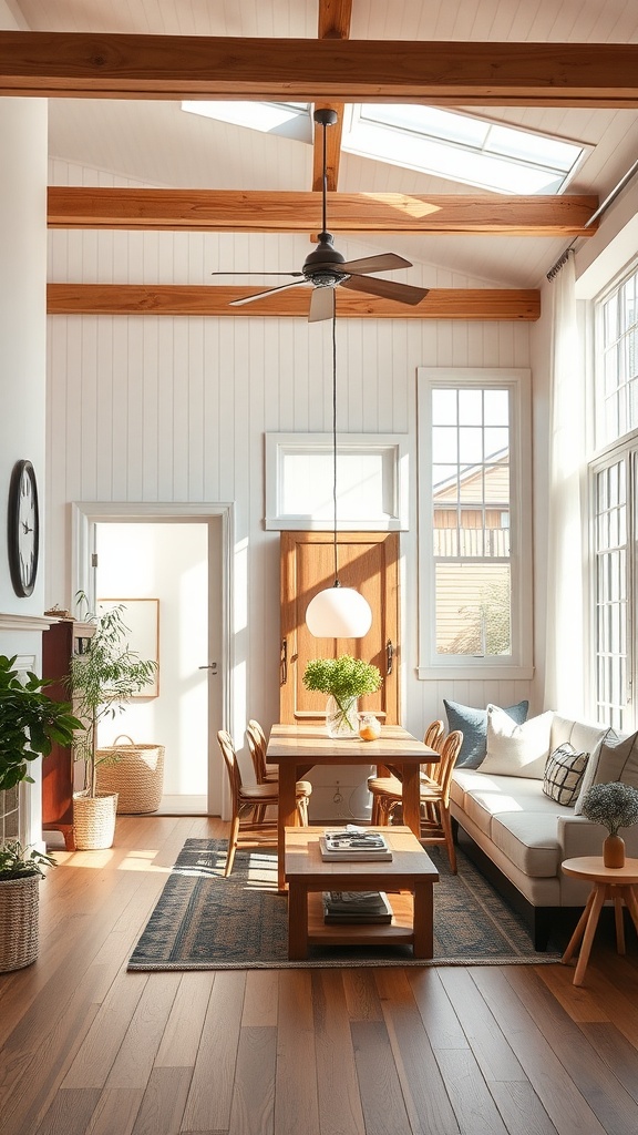 Bright and airy modern farmhouse living area with wooden beams and natural light