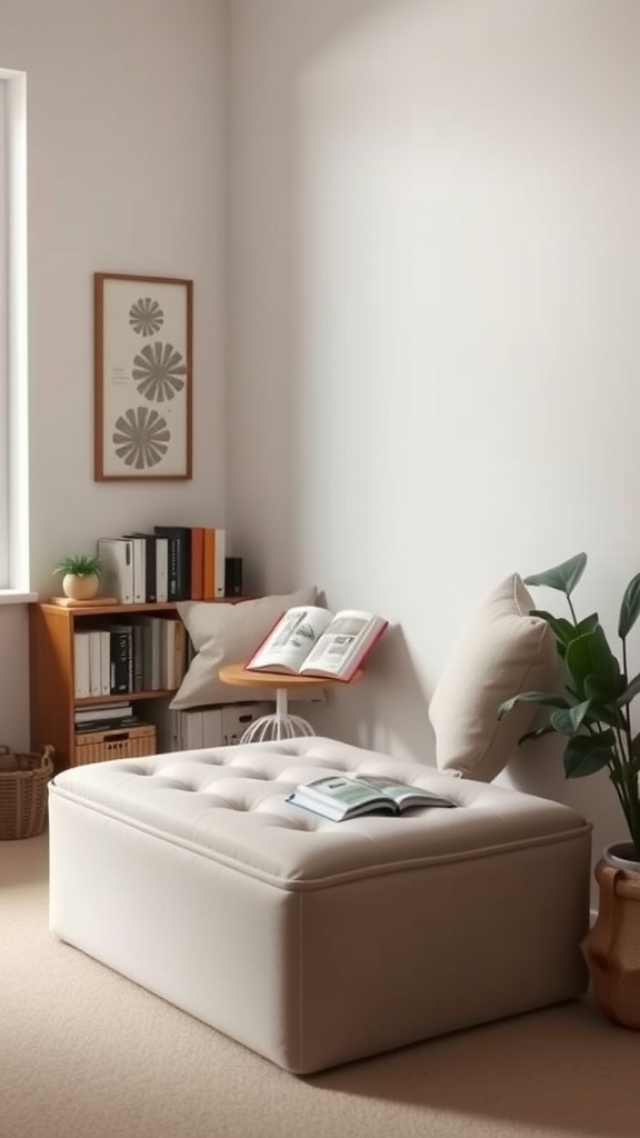 A cozy reading nook featuring a tufted ottoman with a book on top, a small side table, and a bookshelf, all in a bright, inviting space.