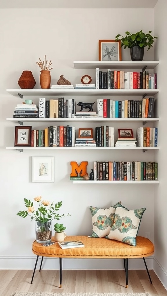 A cozy reading nook with wall shelves filled with books and decorative items, featuring a bench with cushions and a plant.