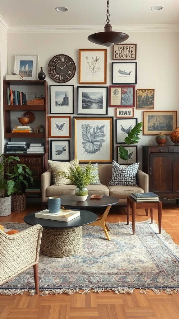A cozy living room with a vintage-modern fusion theme featuring a gallery wall and stylish furniture.