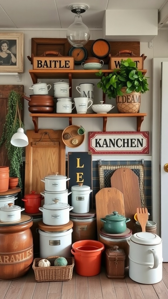 A cozy kitchen display featuring vintage cookware, colorful pots, and decorative plants