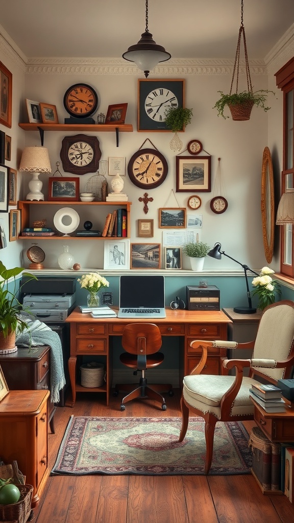 A vintage-inspired home office with wooden furniture, clocks, framed art, and plants.