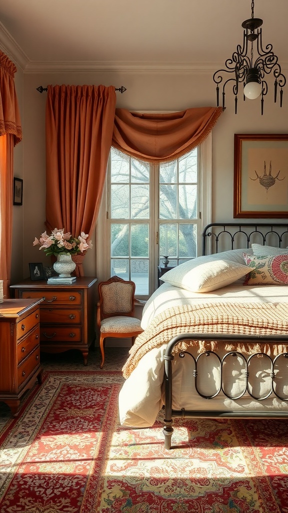 A cozy bedroom with vintage furniture accents, featuring an iron bed, wooden nightstand, and elegant curtains.