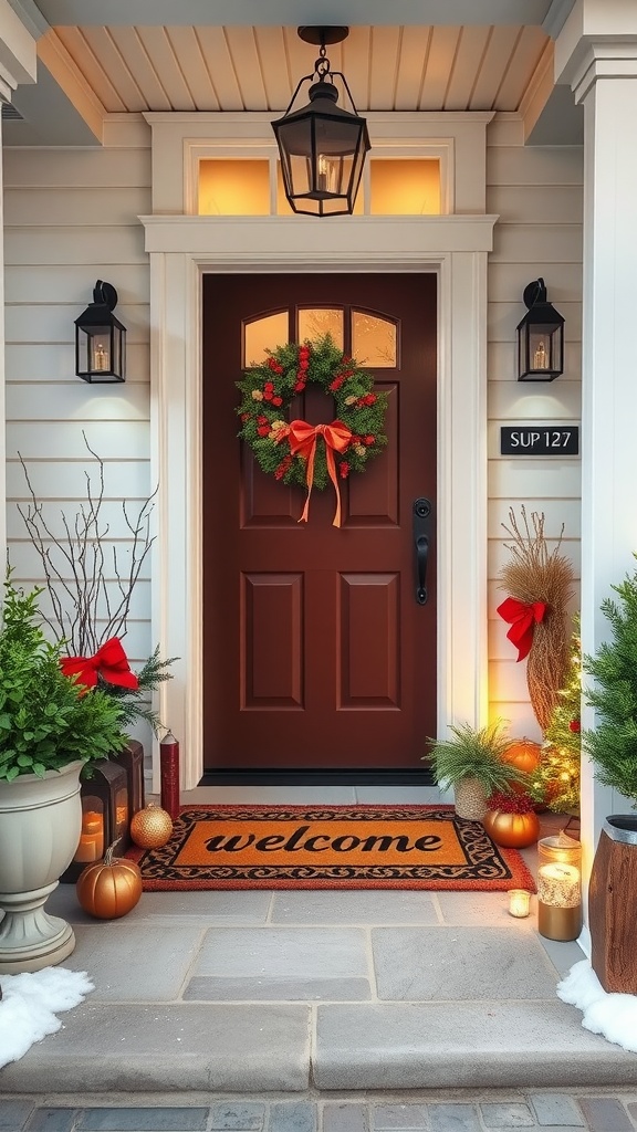 A cozy entryway with a welcome mat, decorative wreath, and lanterns, creating a warm atmosphere.