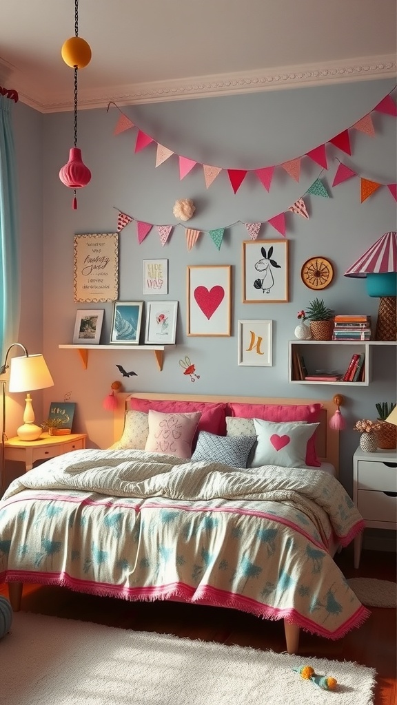 A cozy bedroom with whimsical decor featuring colorful bunting, playful artwork, and vibrant bedding.