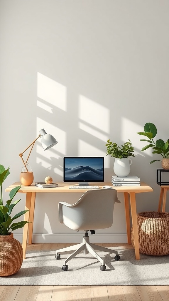 A minimalistic home office setup featuring a wooden desk, laptop, potted plants, and stylish decor.