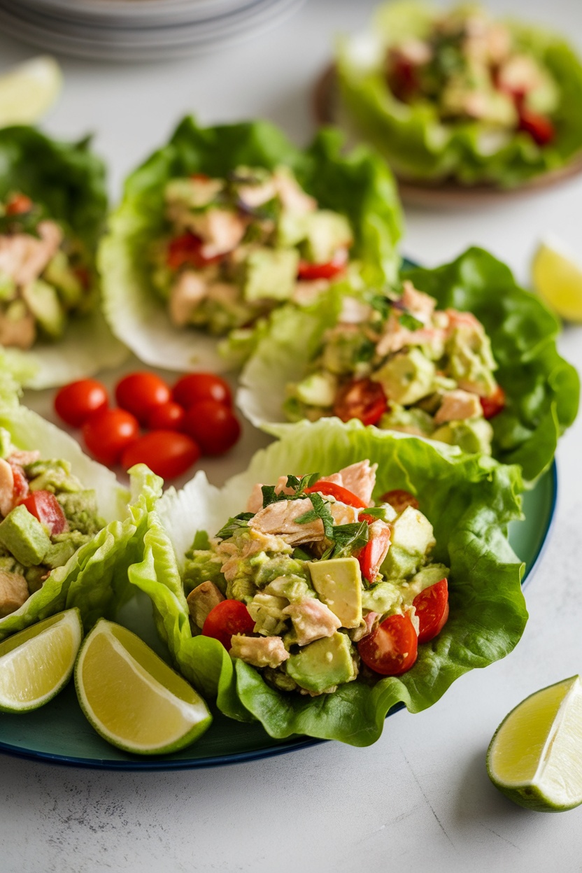 Avocado chicken salad served in lettuce wraps