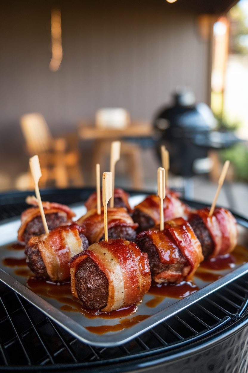 Bacon-Wrapped Barbecue Meatballs on a platter with toothpicks