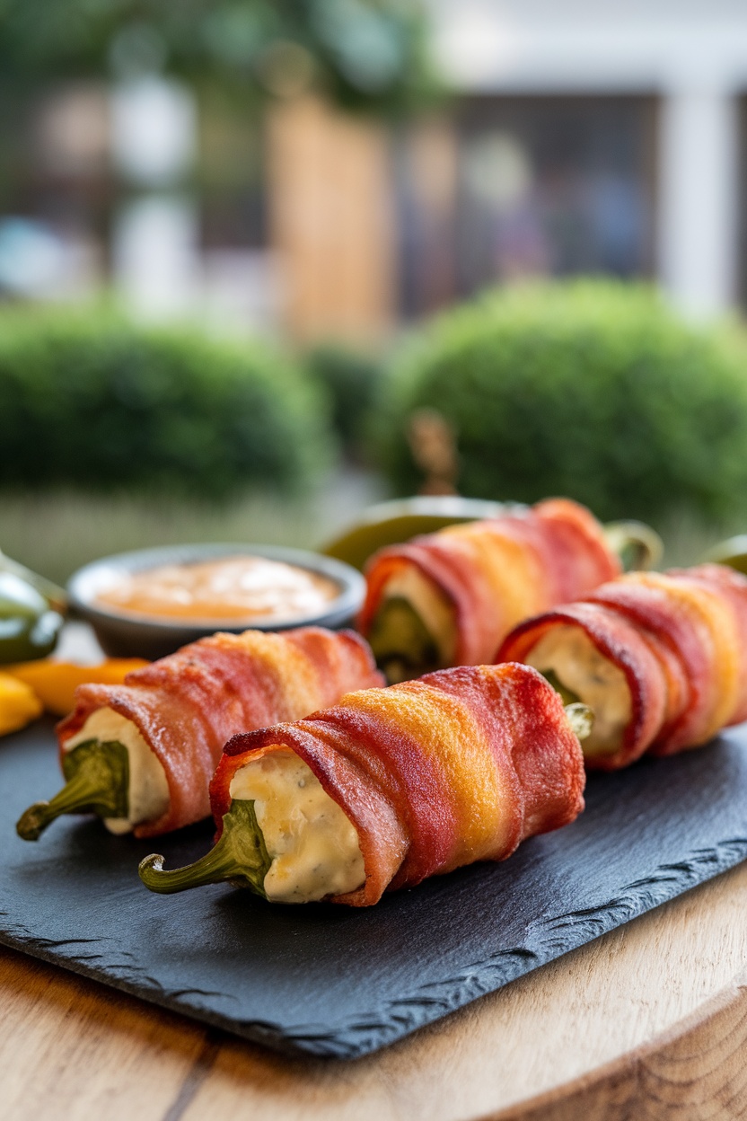 Delicious bacon-wrapped jalapeno poppers on a serving platter.