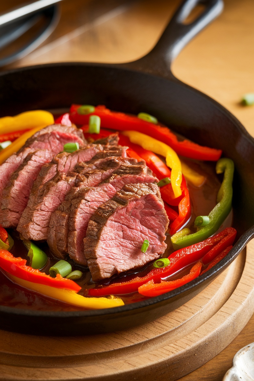Delicious beef and bell pepper stir-fry in a cast iron skillet