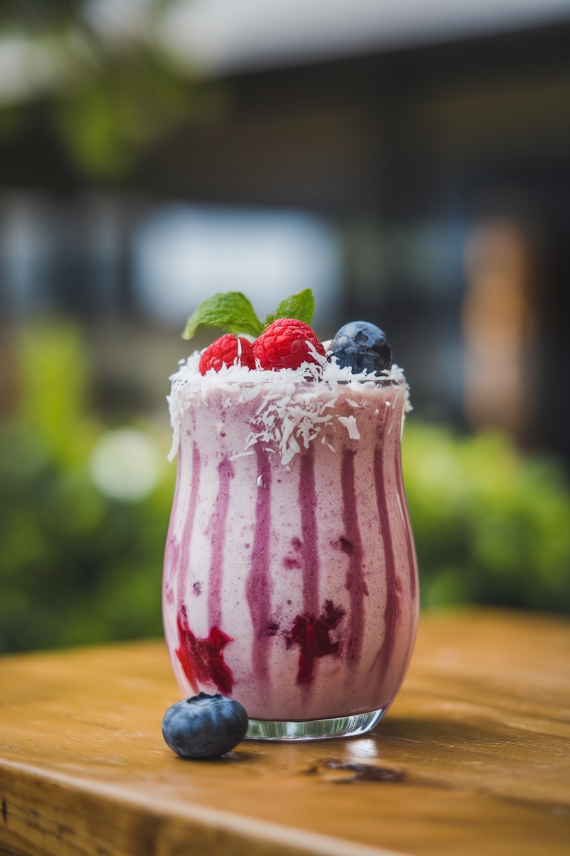 Berry Blast Coconut Smoothie with berries on top and coconut flakes