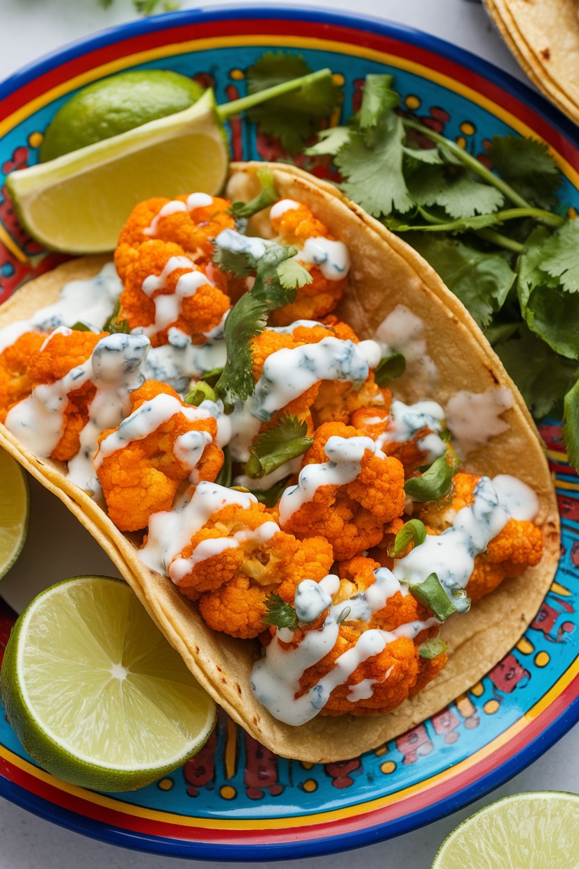 Buffalo cauliflower tacos with blue cheese, topped with cilantro and lime wedges on a decorative plate.