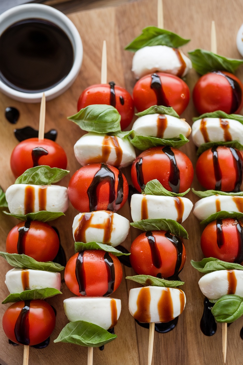 Caprese skewers with cherry tomatoes, mozzarella, basil, and balsamic glaze