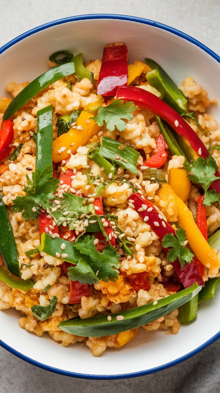 A bowl of cauliflower rice stir-fry featuring colorful vegetables and garnished with sesame seeds and herbs.