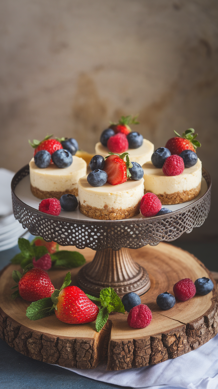Cheesecake bites with almond crust topped with fresh berries.
