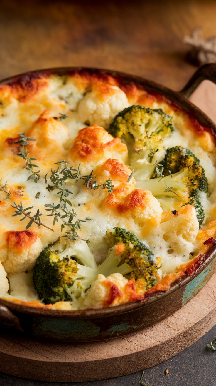 A delicious Cheesy Broccoli and Cauliflower Bake with golden cheese and fresh herbs.