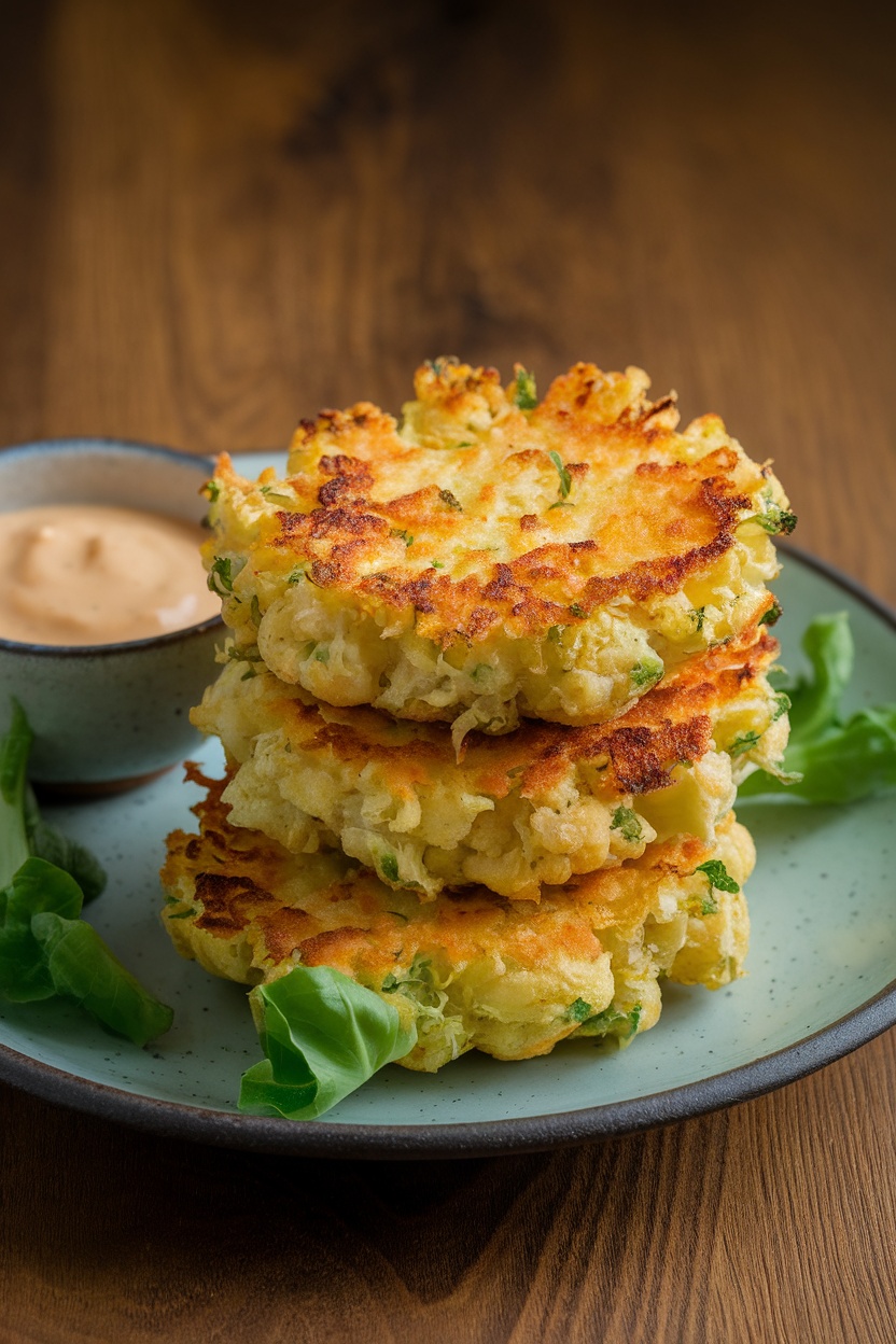 A stack of cheesy cauliflower fritters served with a dipping sauce.
