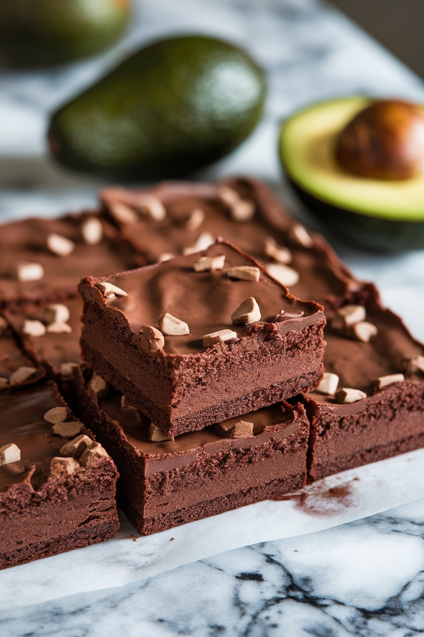 Chocolate avocado brownies stacked on a white marble surface.