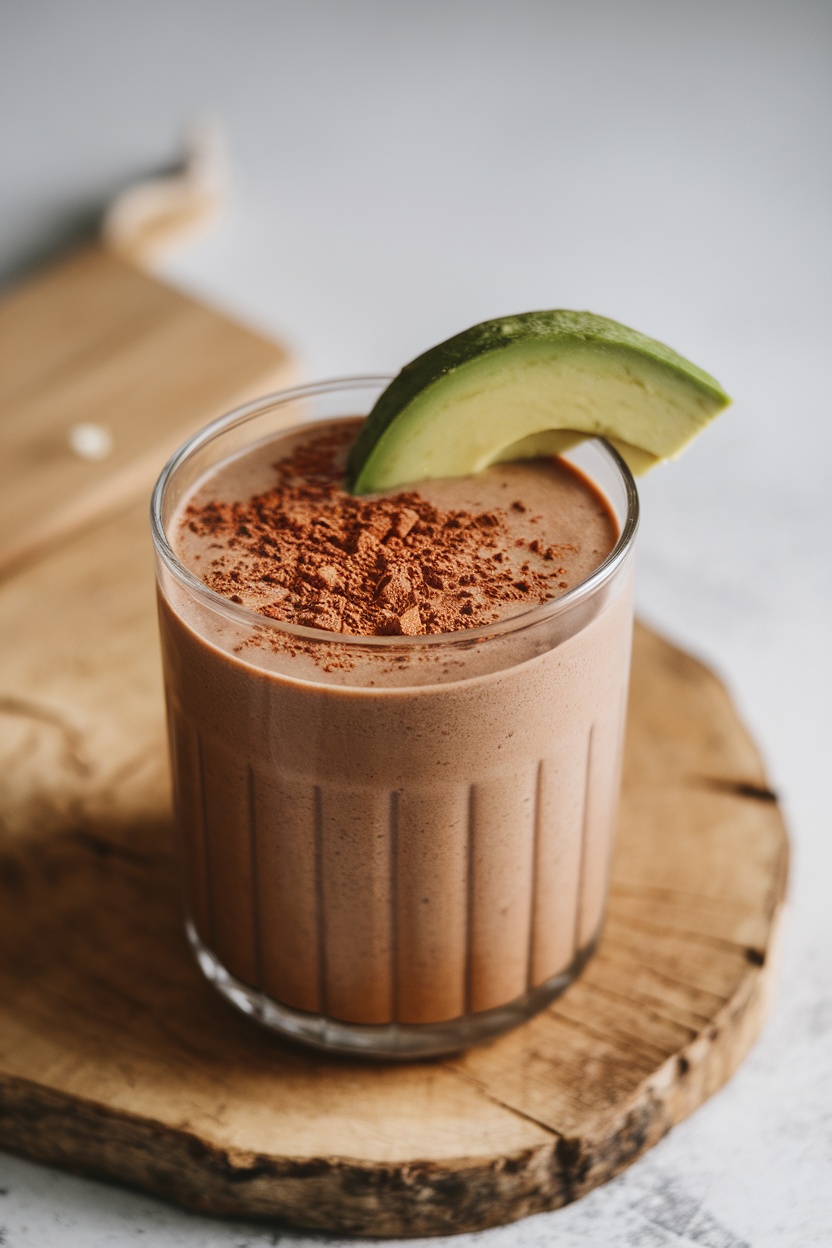 Chocolate avocado smoothie in a glass garnished with avocado slice and cocoa powder
