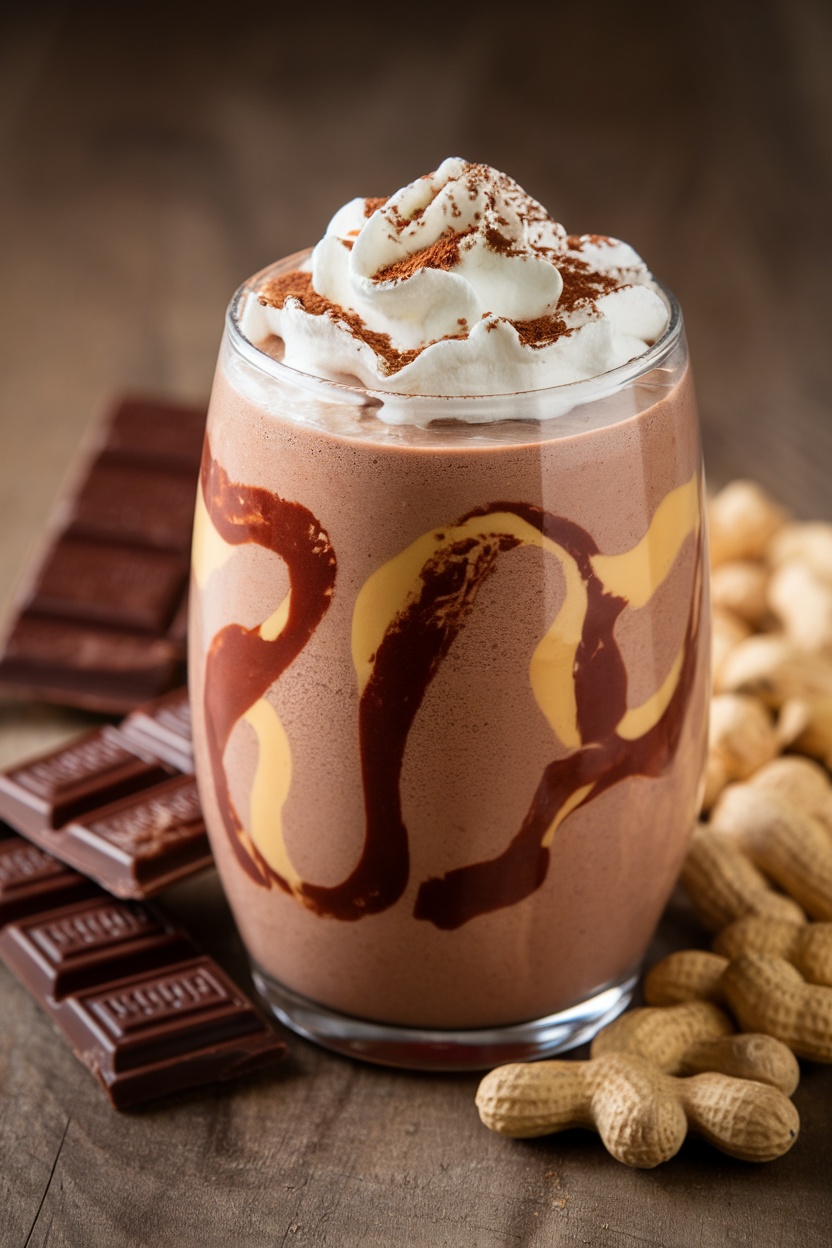 A delicious chocolate peanut butter protein shake topped with whipped cream and cocoa powder.