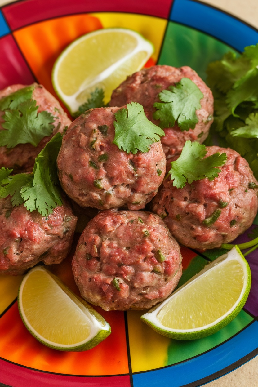 A plate of cilantro lime beef meatballs with lime wedges and fresh cilantro.