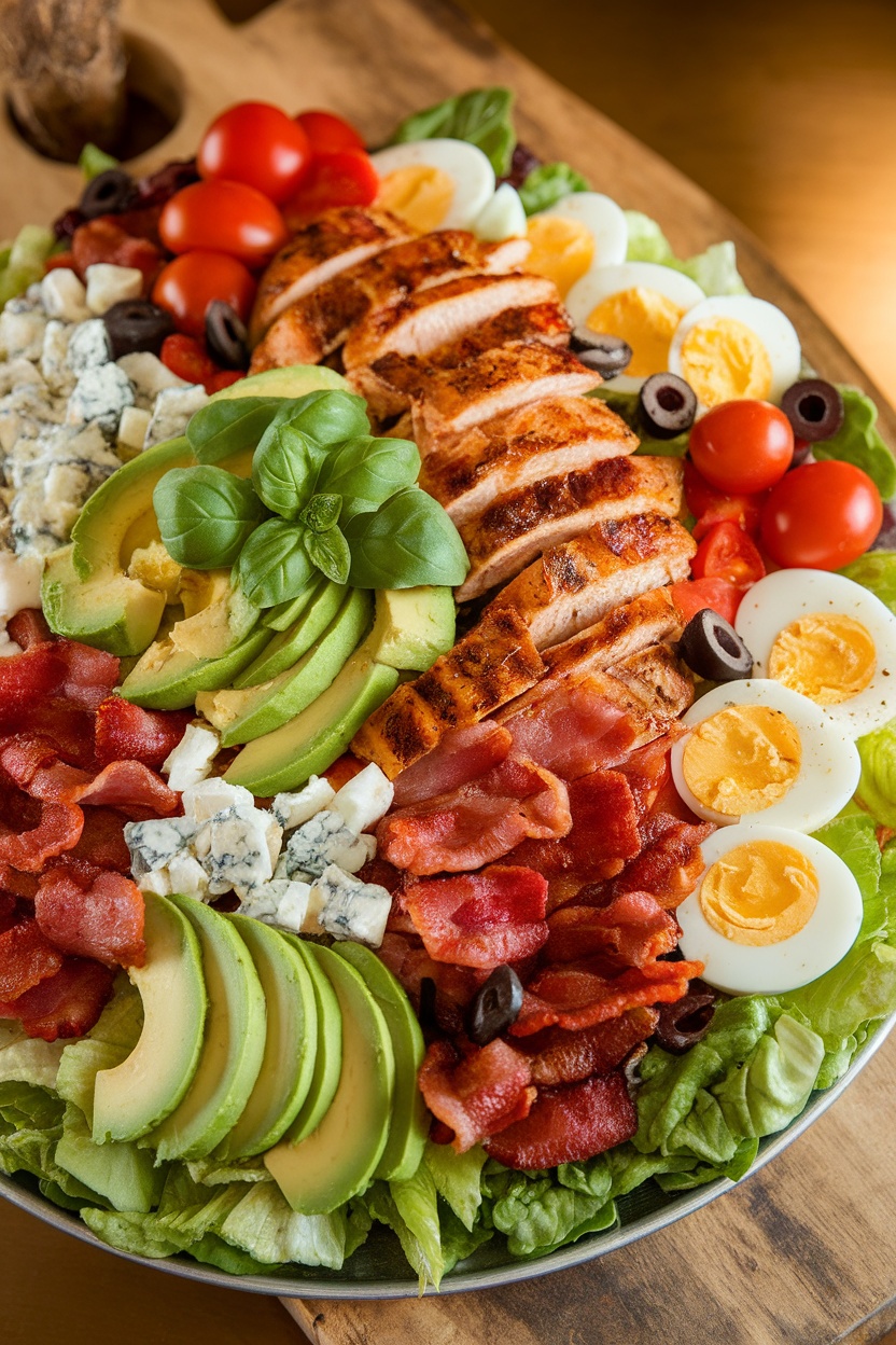 Cobb salad featuring grilled chicken, bacon, avocado, and assorted toppings