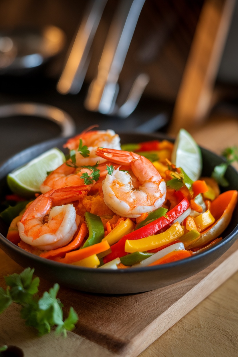 A colorful bowl of Coconut Curry Shrimp Stir-Fry with vibrant vegetables and shrimp.