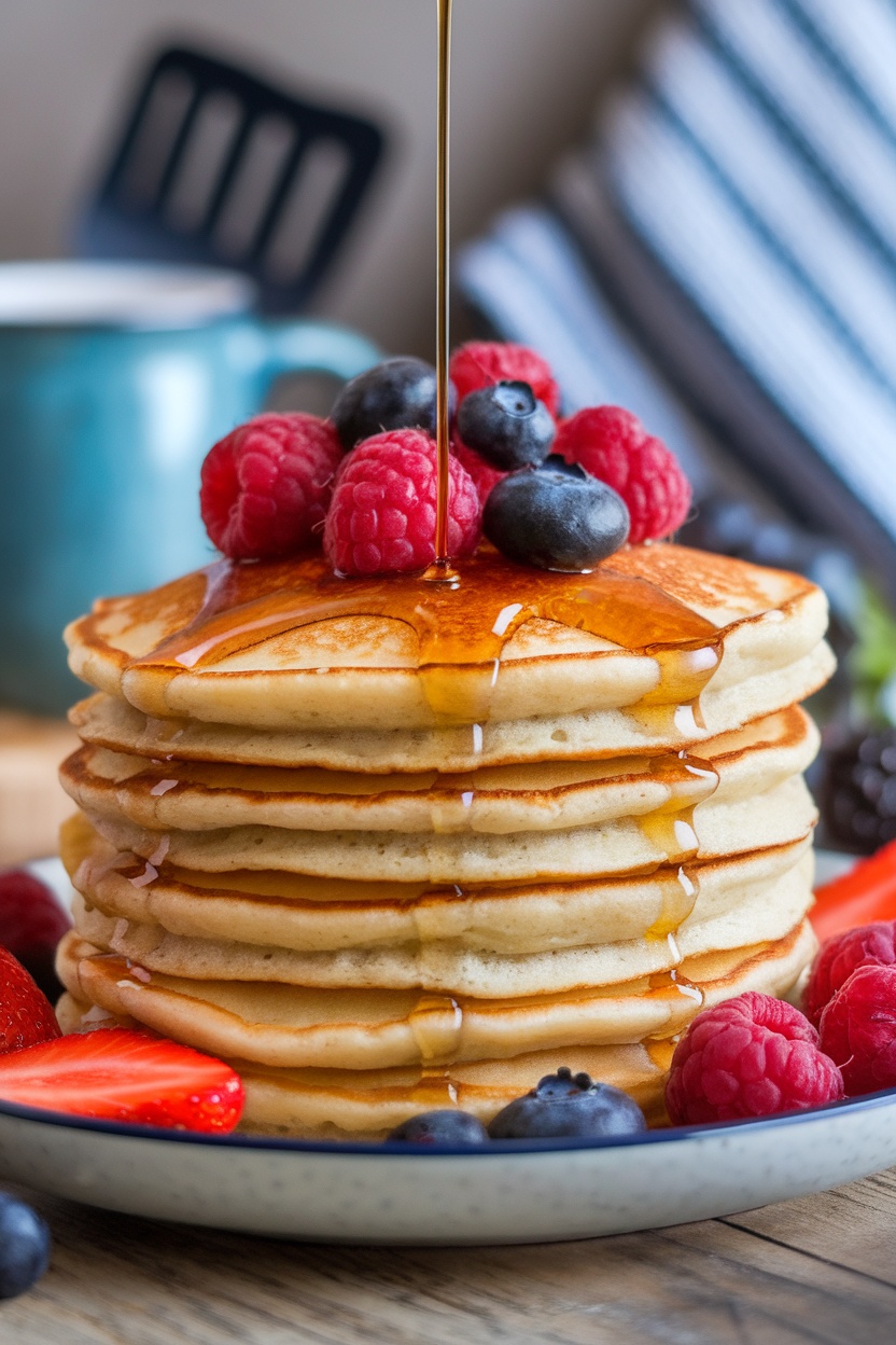 Stack of coconut flour pancakes topped with berries and syrup