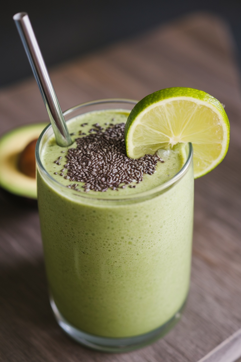 A vibrant green smoothie in a glass with chia seeds and a slice of lime on the rim.