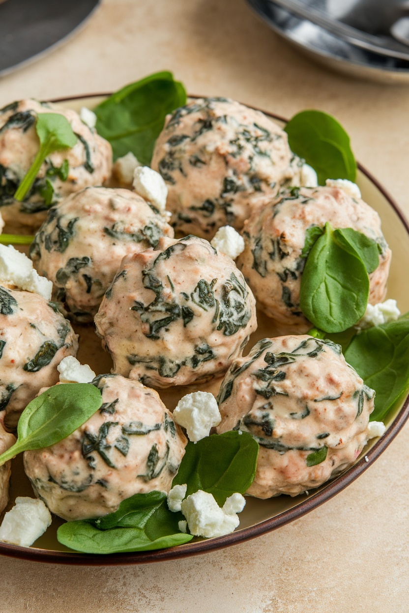 Creamy spinach and feta meatballs served on a plate