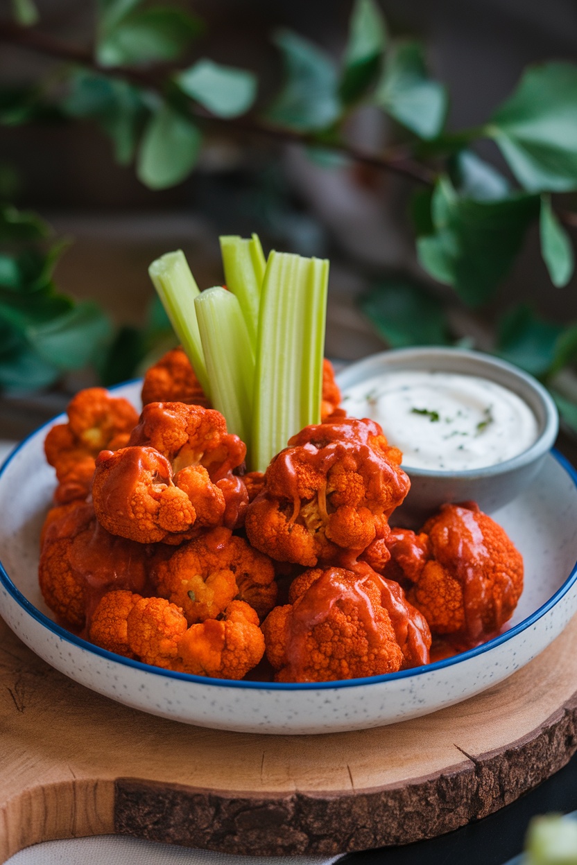 Crispy cauliflower buffalo bites served with celery sticks and ranch dressing.