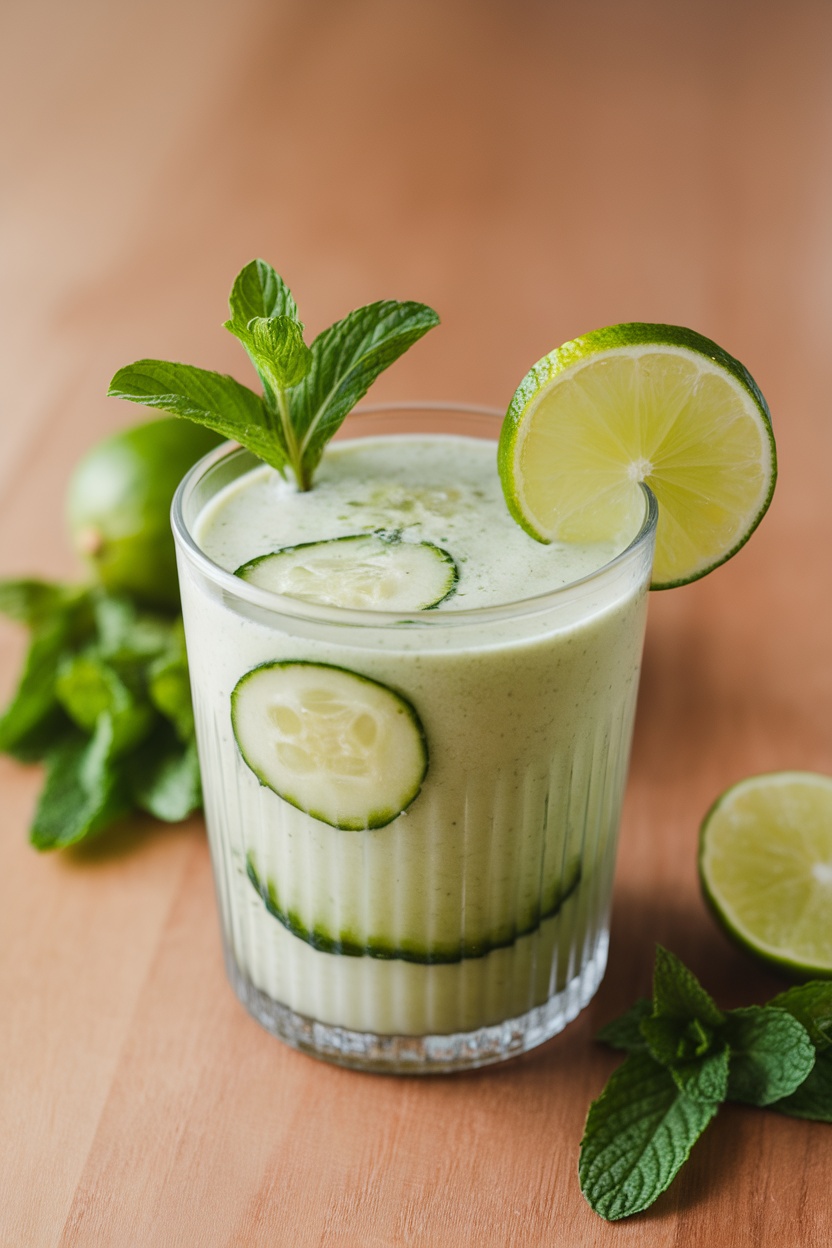 A refreshing cucumber mint lime smoothie in a glass, garnished with mint leaves and lime slices.