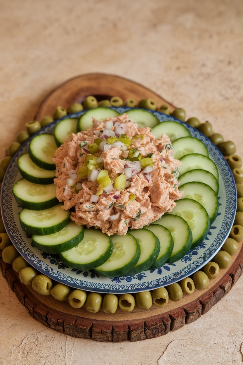 Cucumber rounds topped with tuna salad and garnished with diced vegetables