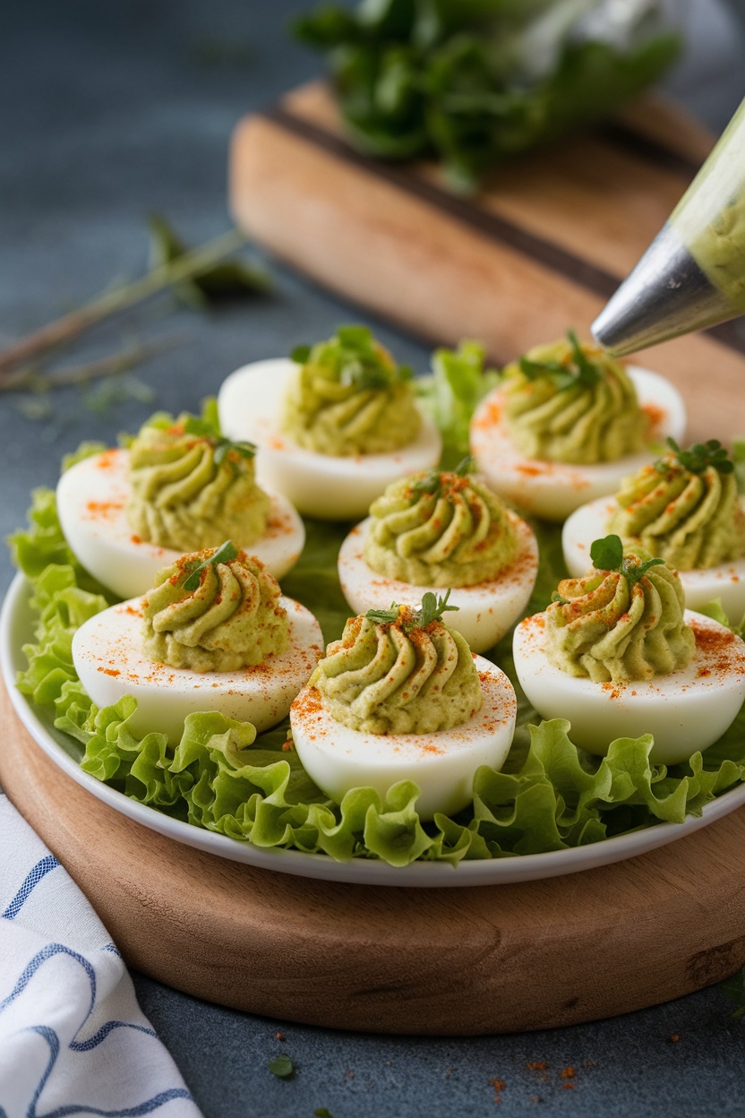 Delicious deviled eggs with avocado filling, garnished and ready to serve.