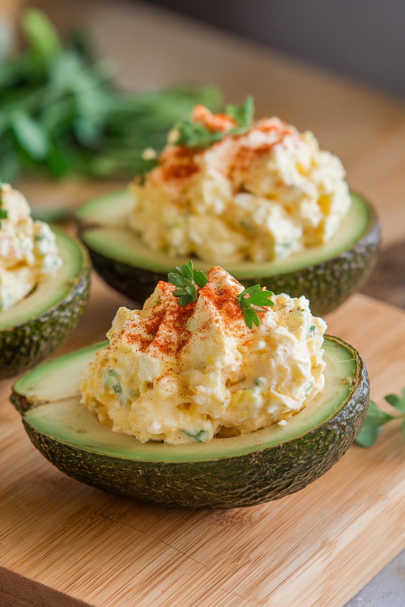 Egg Salad Avocado Boats with paprika and green onions