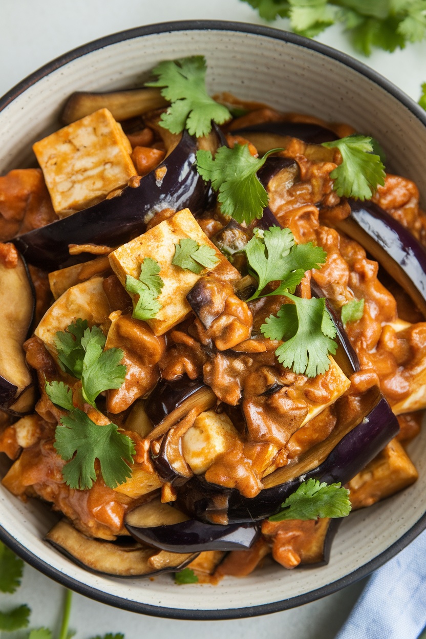 A bowl of eggplant and tofu stir-fry garnished with cilantro.