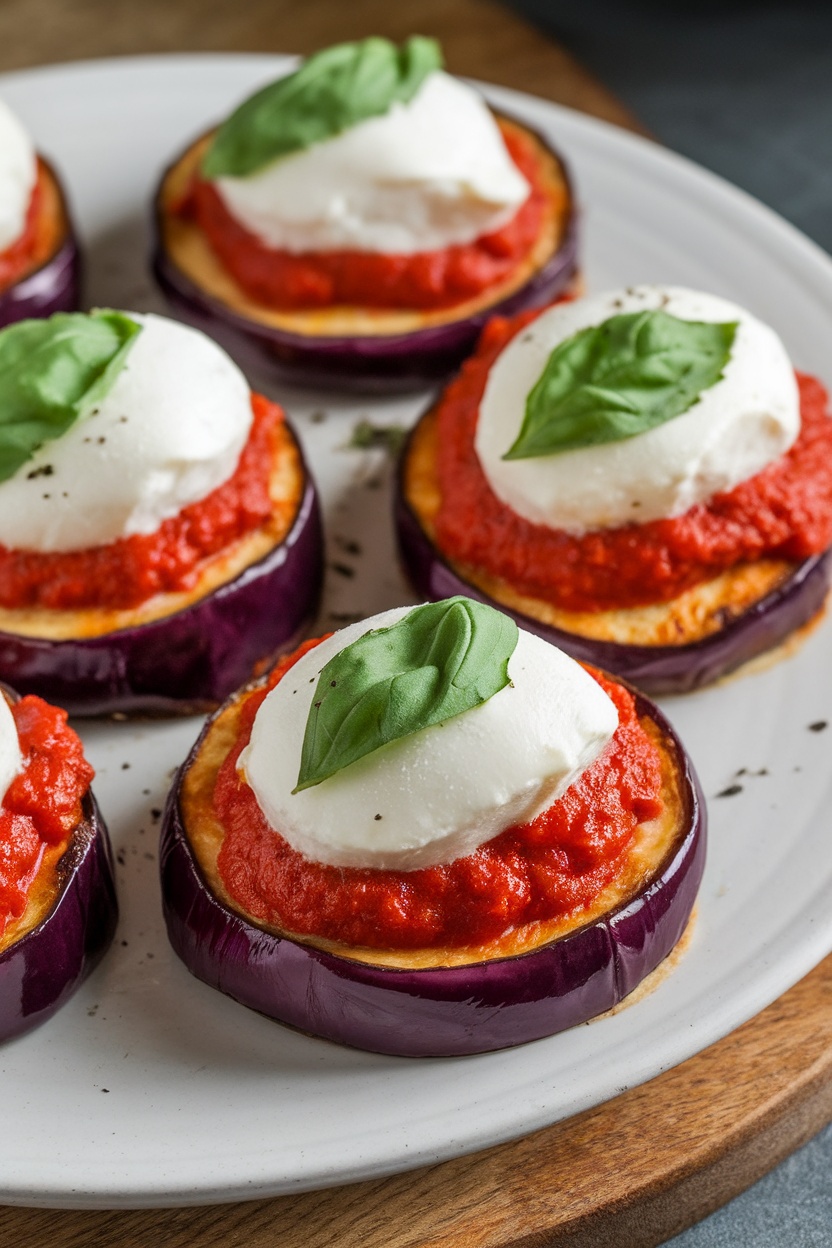 Eggplant pizza bites with marinara sauce, mozzarella cheese, and fresh basil