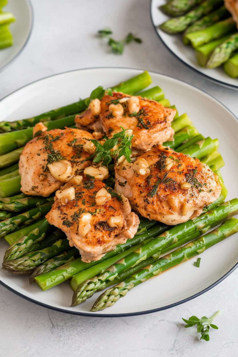 A plate of garlic butter chicken served with asparagus
