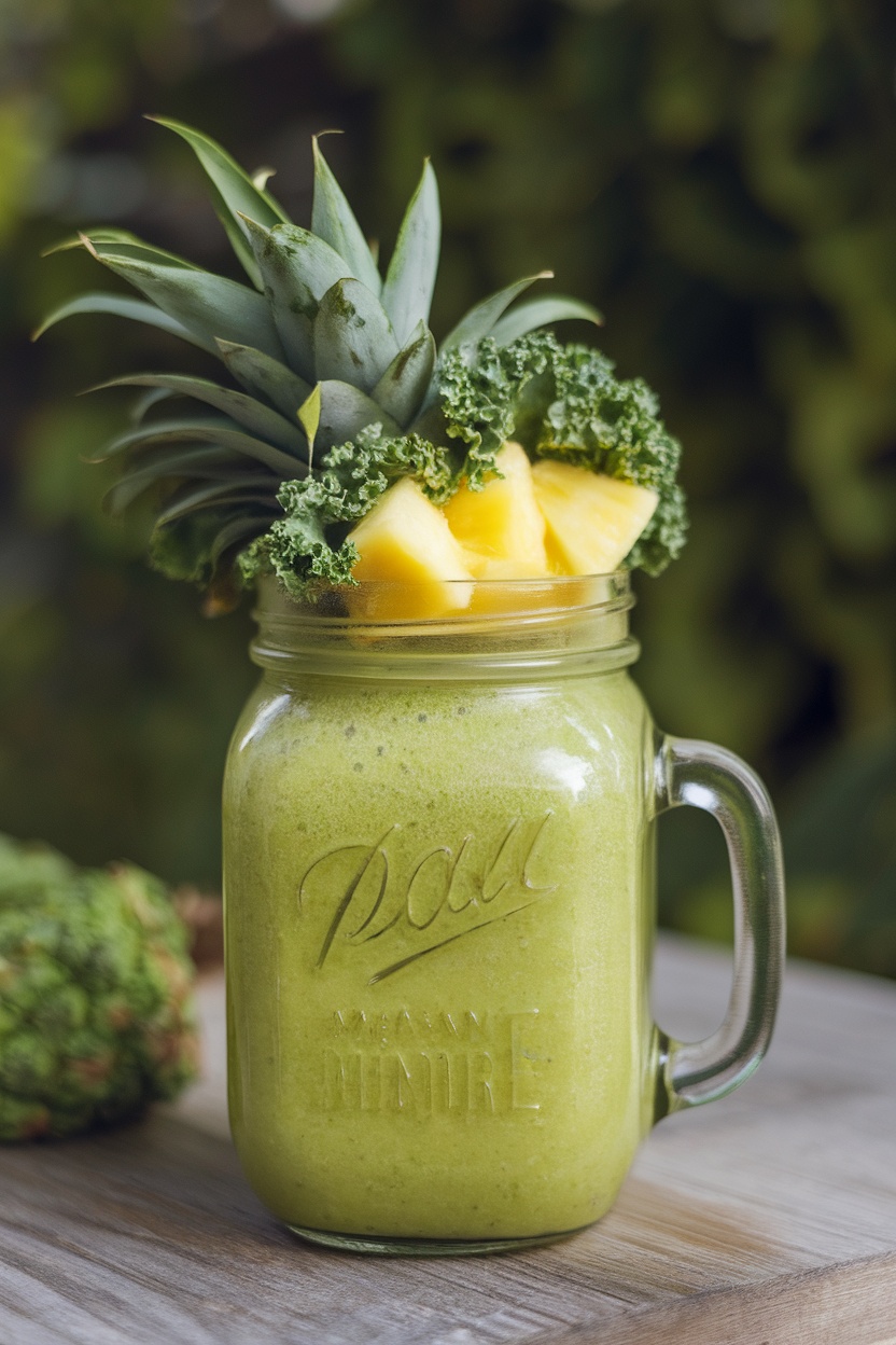 A vibrant green smoothie made with kale and pineapple, garnished with fresh pineapple and kale leaves.