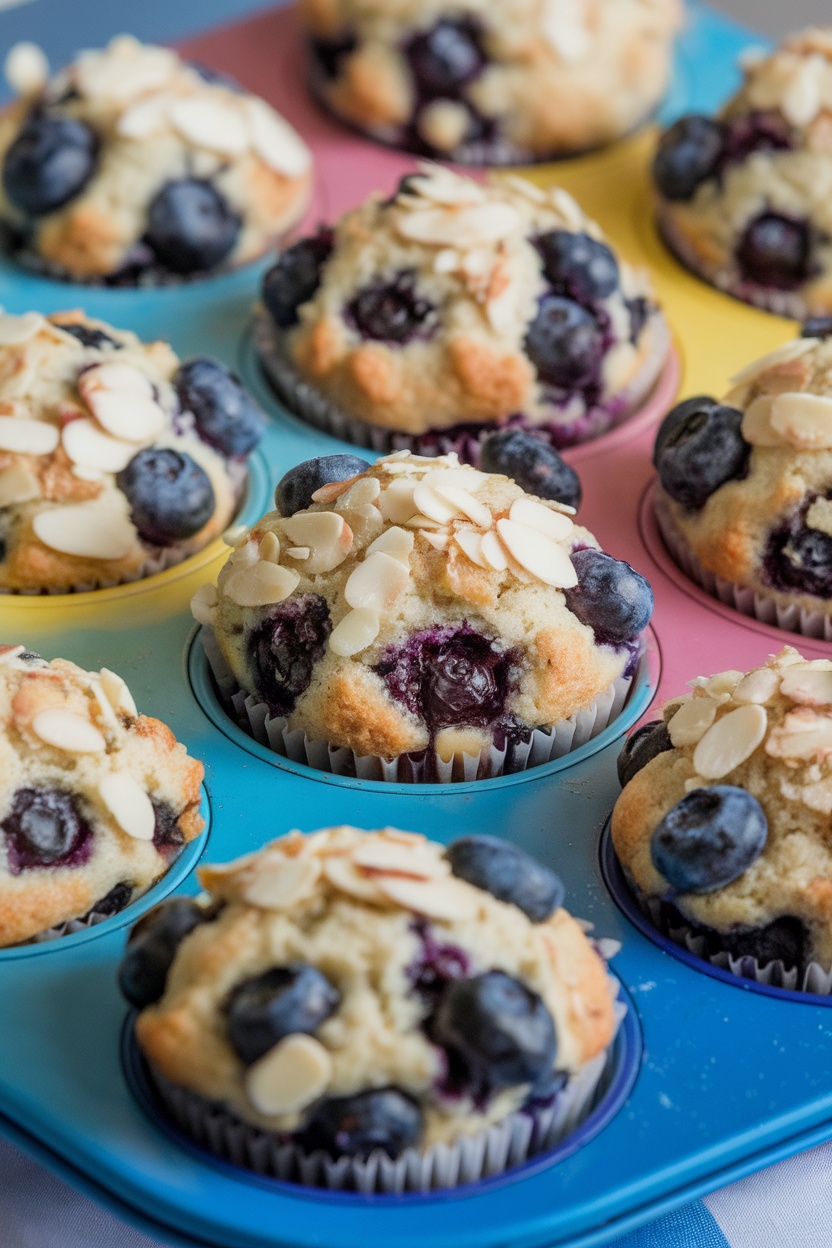Delicious keto blueberry muffins topped with almonds