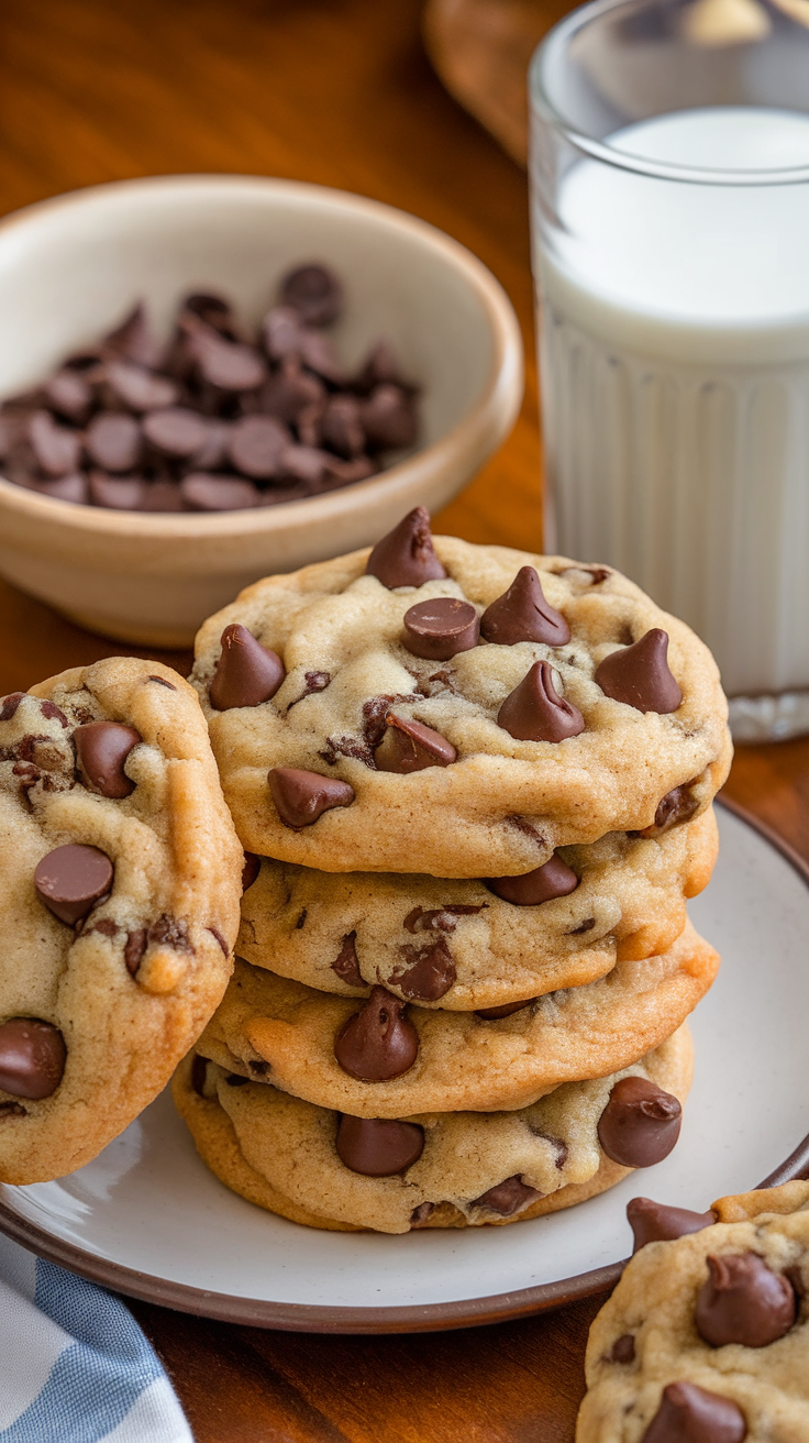 A plate of keto chocolate chip cookies with a glass of milk and a bowl of chocolate chips in the background.