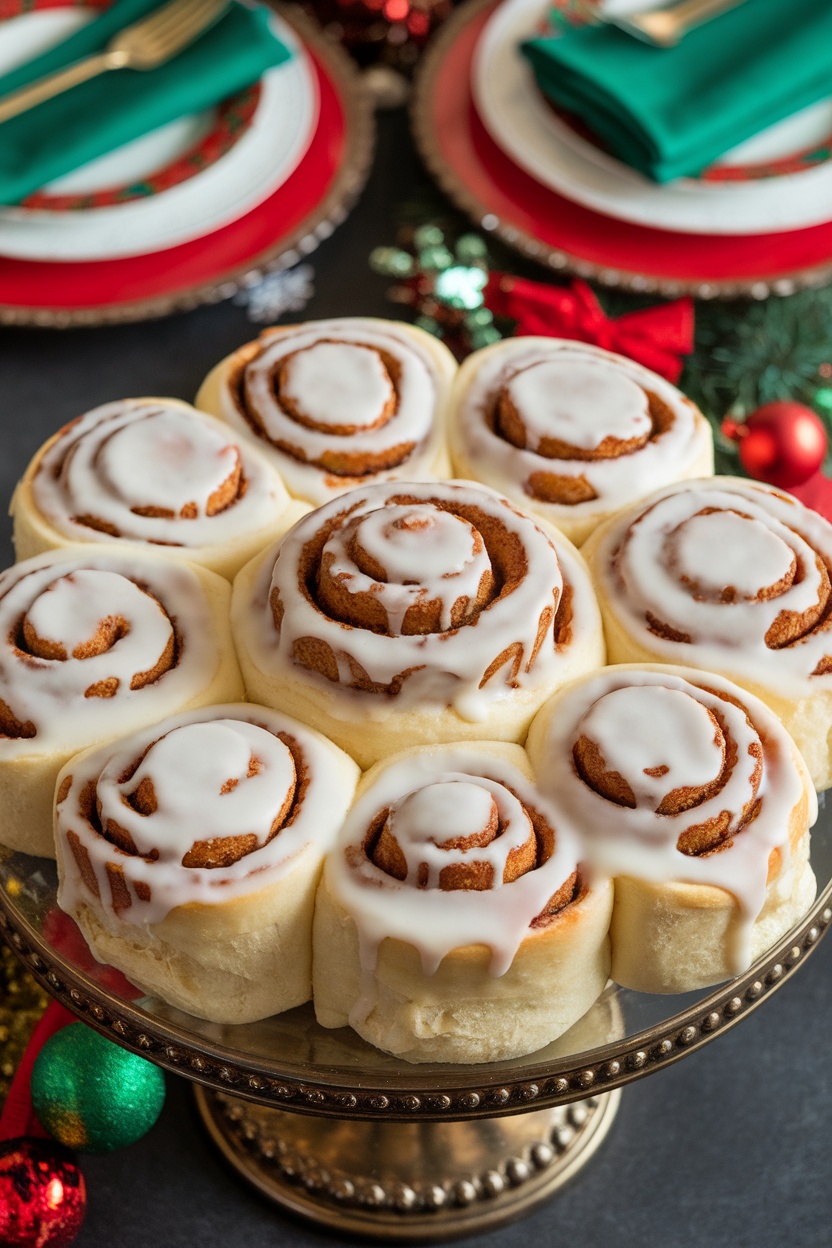 Keto cinnamon rolls with frosting on a decorative stand