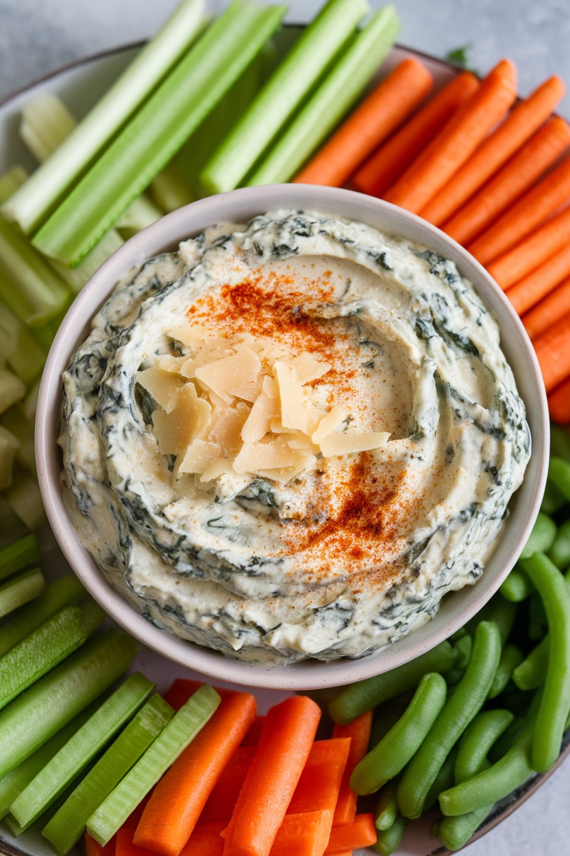 A bowl of creamy spinach and artichoke dip surrounded by fresh vegetable sticks.