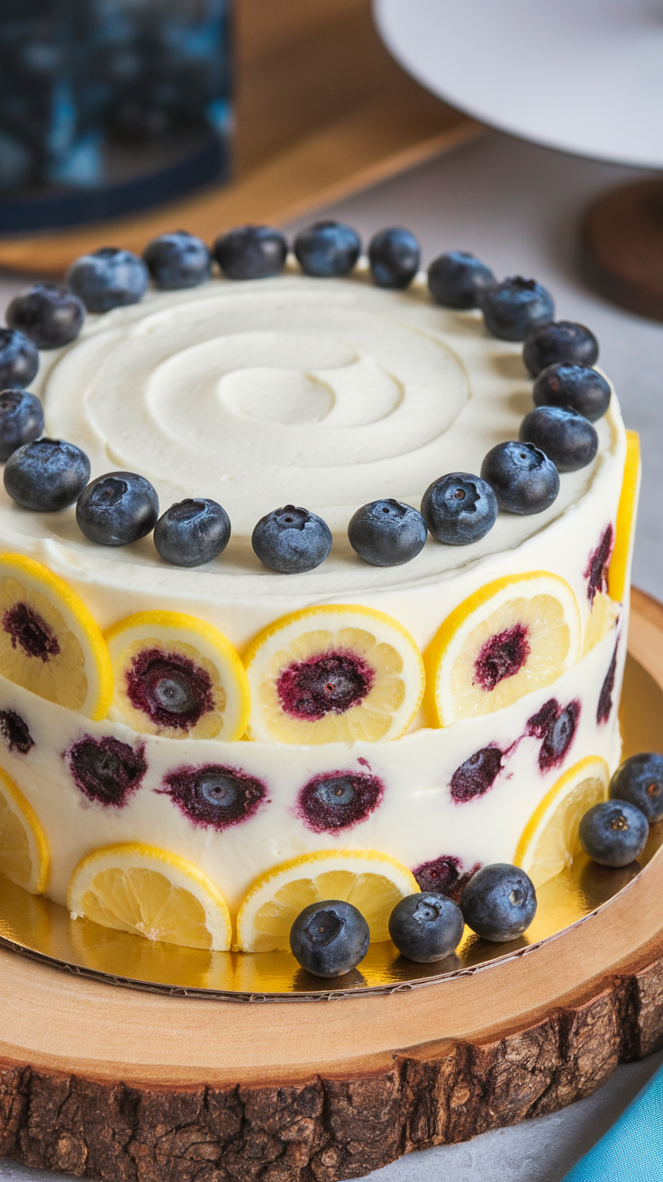 A beautifully decorated lemon blueberry keto cake with fresh blueberries and lemon slices
