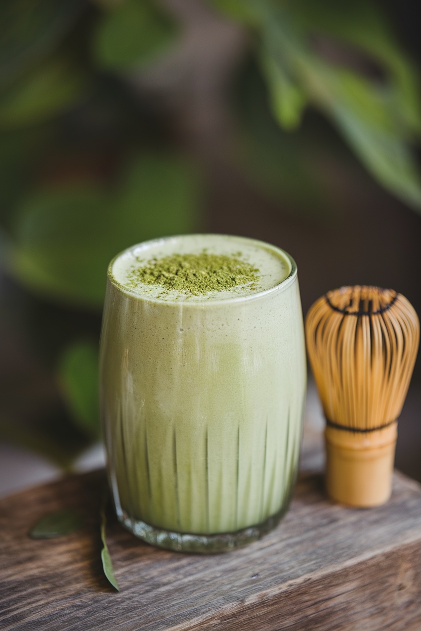 A refreshing matcha green tea smoothie in a glass, showcasing a smooth and vibrant green color.