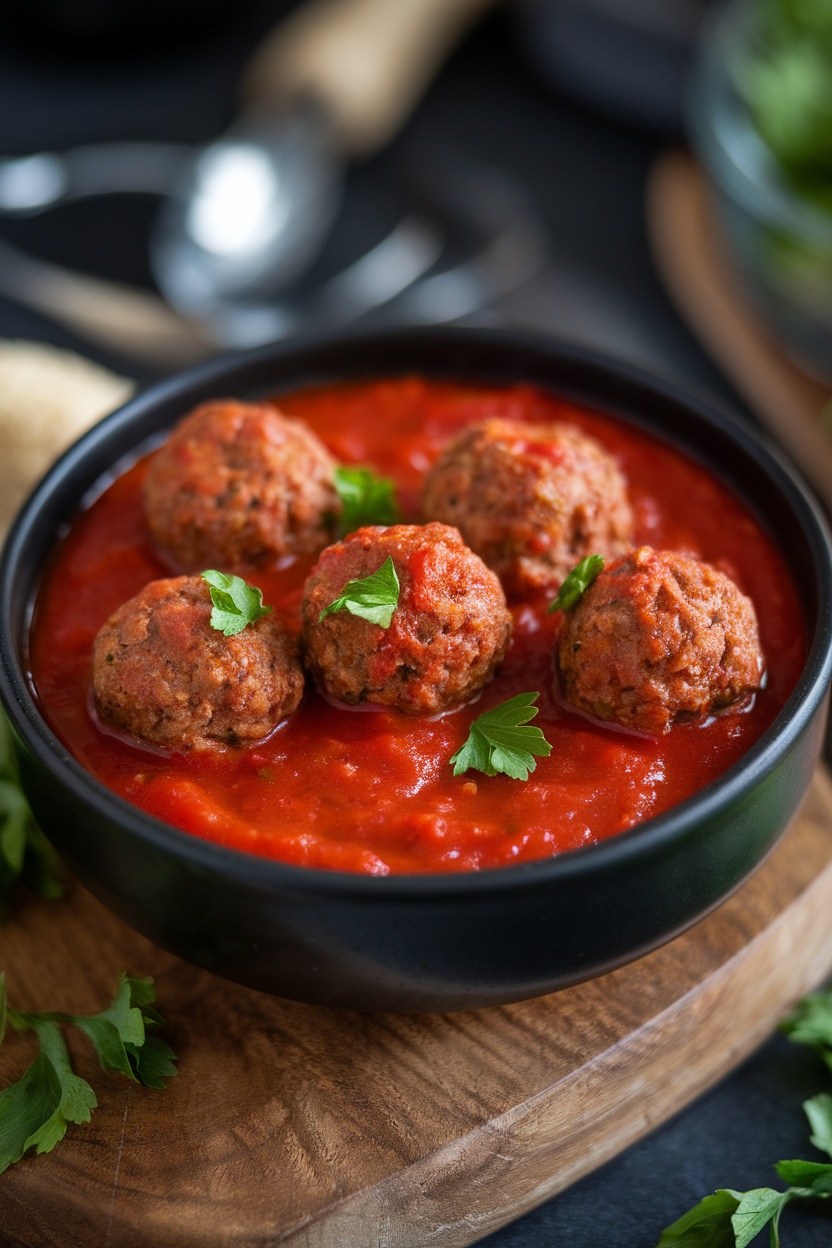 Mini meatballs in marinara sauce served in a bowl