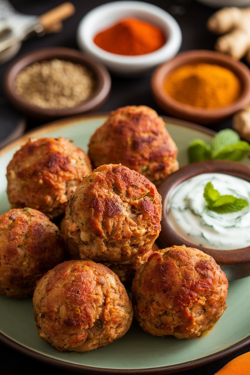 Moroccan Spiced Lamb Meatballs served with a mint yogurt sauce.