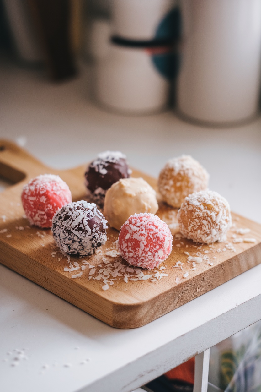 A wooden board with colorful nut butter fat bombs, some coated in shredded coconut.