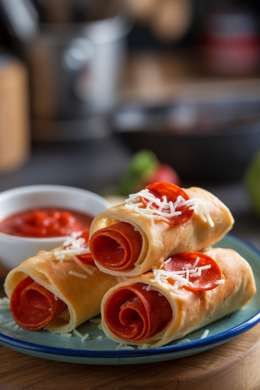 Pepperoni and cheese roll-ups on a plate with dipping sauce